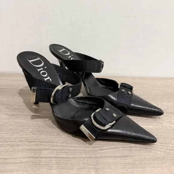 Vintage Christian Dior Leather Pointed-Toe Mules with Buckle Straps Black EU 38 - Picture 1 of 7